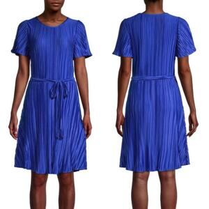 DKNY Royal Blue Pleated A-Line Tie Waist Flutter Sleeve Dress